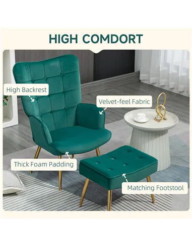 HOMCOM Modern Armchair with Footstool, Upholstered Accent Chair with Ottoman, Steel Legs, Velvet Wingback Chair for Living Room,