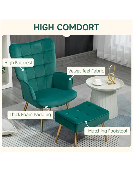 HOMCOM Modern Armchair with Footstool, Upholstered Accent Chair with Ottoman, Steel Legs, Velvet Wingback Chair for Living Room,