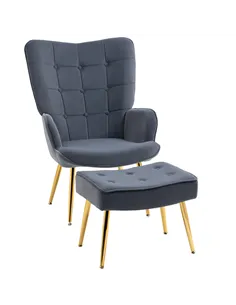 HOMCOM Modern Armchair with Footstool, Upholstered Accent Chair with Ottoman, Steel Legs, Velvet Wingback Chair for Living Room,