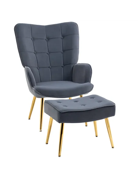HOMCOM Modern Armchair with Footstool, Upholstered Accent Chair with Ottoman, Steel Legs, Velvet Wingback Chair for Living Room,