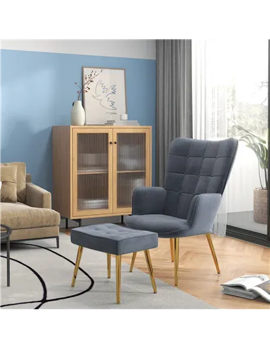 HOMCOM Modern Armchair with Footstool, Upholstered Accent Chair with Ottoman, Steel Legs, Velvet Wingback Chair for Living Room,