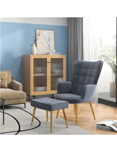 HOMCOM Modern Armchair with Footstool, Upholstered Accent Chair with Ottoman, Steel Legs, Velvet Wingback Chair for Living Room,