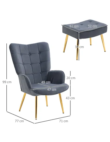 HOMCOM Modern Armchair with Footstool, Upholstered Accent Chair with Ottoman, Steel Legs, Velvet Wingback Chair for Living Room,