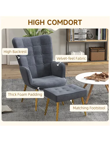 HOMCOM Modern Armchair with Footstool, Upholstered Accent Chair with Ottoman, Steel Legs, Velvet Wingback Chair for Living Room,