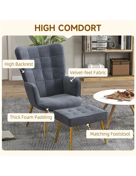 HOMCOM Modern Armchair with Footstool, Upholstered Accent Chair with Ottoman, Steel Legs, Velvet Wingback Chair for Living Room,