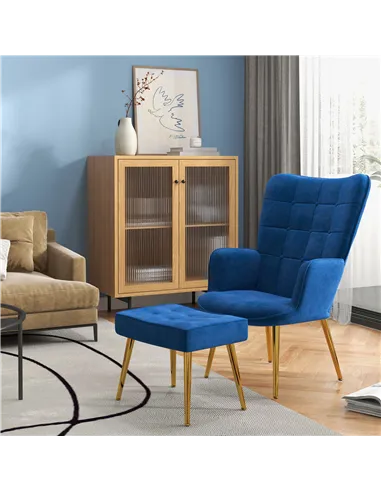 HOMCOM Modern Armchair with Footstool, Upholstered Accent Chair with Ottoman, Steel Legs, Velvet Wingback Chair for Living Room,