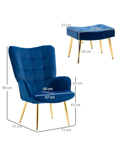 HOMCOM Modern Armchair with Footstool, Upholstered Accent Chair with Ottoman, Steel Legs, Velvet Wingback Chair for Living Room,