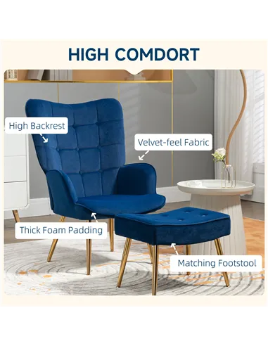 HOMCOM Modern Armchair with Footstool, Upholstered Accent Chair with Ottoman, Steel Legs, Velvet Wingback Chair for Living Room,