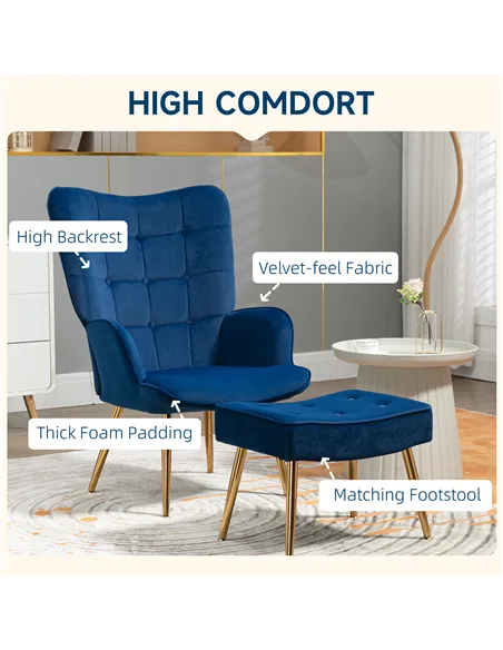 HOMCOM Modern Armchair with Footstool, Upholstered Accent Chair with Ottoman, Steel Legs, Velvet Wingback Chair for Living Room,