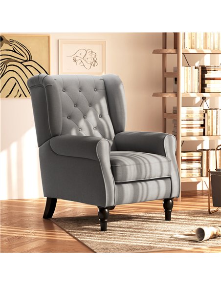 HOMCOM Retro Accent Chair, Linen Wingback Armchair with Wood Frame Button Tufted Design for Living Room Bedroom, Dark Grey