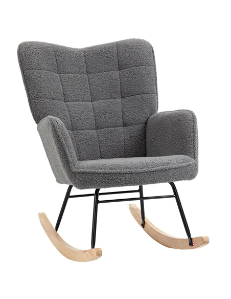 HOMCOM Berber Fleece Nursery Glider Rocker for Nursing, Wingback Rocking Chair for Living Room, Dark Grey
