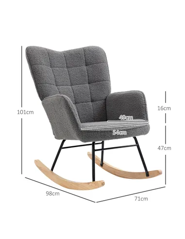 HOMCOM Berber Fleece Nursery Glider Rocker for Nursing, Wingback Rocking Chair for Living Room, Dark Grey