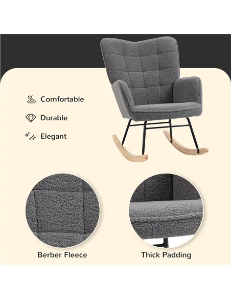 HOMCOM Berber Fleece Nursery Glider Rocker for Nursing, Wingback Rocking Chair for Living Room, Dark Grey