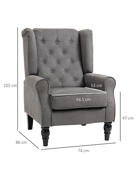 HOMCOM Retro Accent Chair, Linen Wingback Armchair with Wood Frame Button Tufted Design for Living Room Bedroom, Dark Grey