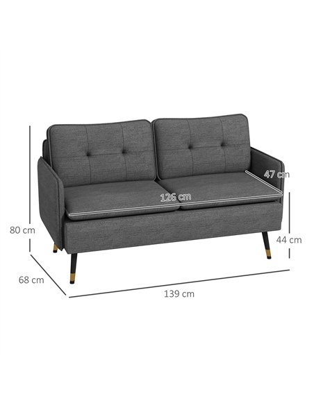 HOMCOM Modern Two Seater Sofa, Button Tufted Loveseat with Cushions and Steel Legs for Living Room, Guest Room, Dark Grey