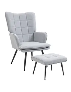 HOMCOM Armchair with Footstool, Living Room Chair, Linen Accent Chair for Bedroom, Home Study, Light Grey