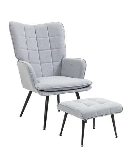 HOMCOM Armchair with Footstool, Living Room Chair, Linen Accent Chair for Bedroom, Home Study, Light Grey