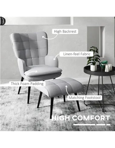 HOMCOM Armchair with Footstool, Living Room Chair, Linen Accent Chair for Bedroom, Home Study, Light Grey