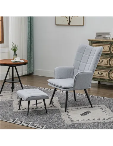 HOMCOM Armchair with Footstool, Living Room Chair, Linen Accent Chair for Bedroom, Home Study, Light Grey