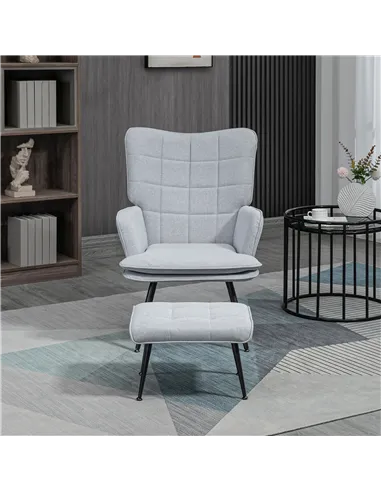 HOMCOM Armchair with Footstool, Living Room Chair, Linen Accent Chair for Bedroom, Home Study, Light Grey