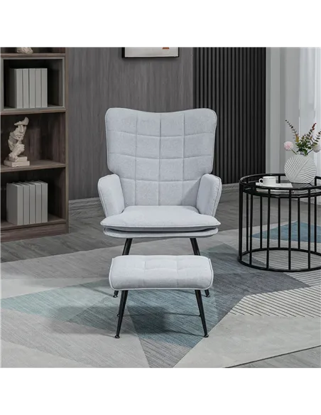 HOMCOM Armchair with Footstool, Living Room Chair, Linen Accent Chair for Bedroom, Home Study, Light Grey