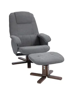 HOMCOM Linen Swivel Recliner Chair with Footstool, Upholstered Reclining Armchair with Wooden Base for Living Room, Grey