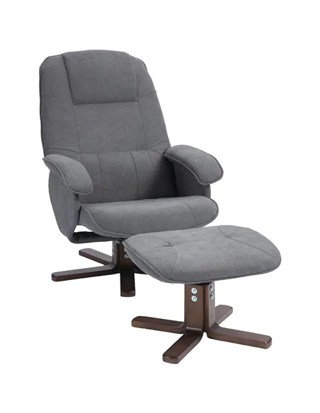 HOMCOM Linen Swivel Recliner Chair with Footstool, Upholstered Reclining Armchair with Wooden Base for Living Room, Grey