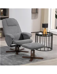 HOMCOM Linen Swivel Recliner Chair with Footstool, Upholstered Reclining Armchair with Wooden Base for Living Room, Grey 2