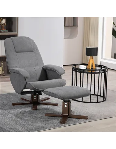 HOMCOM Linen Swivel Recliner Chair with Footstool, Upholstered Reclining Armchair with Wooden Base for Living Room, Grey