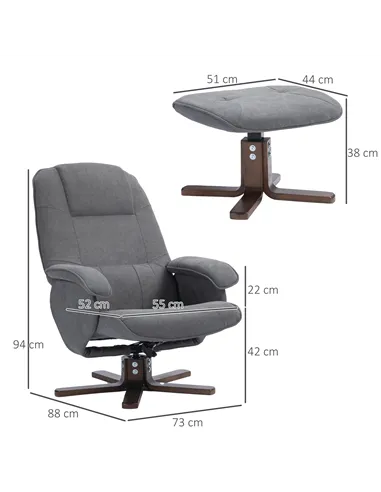 HOMCOM Linen Swivel Recliner Chair with Footstool, Upholstered Reclining Armchair with Wooden Base for Living Room, Grey