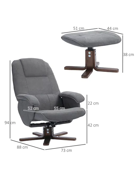 HOMCOM Linen Swivel Recliner Chair with Footstool, Upholstered Reclining Armchair with Wooden Base for Living Room, Grey