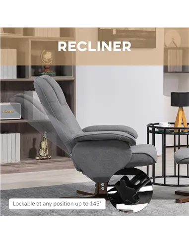 HOMCOM Linen Swivel Recliner Chair with Footstool, Upholstered Reclining Armchair with Wooden Base for Living Room, Grey
