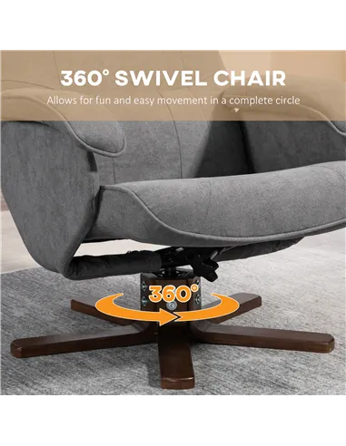 HOMCOM Linen Swivel Recliner Chair with Footstool, Upholstered Reclining Armchair with Wooden Base for Living Room, Grey