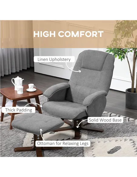 HOMCOM Linen Swivel Recliner Chair with Footstool, Upholstered Reclining Armchair with Wooden Base for Living Room, Grey