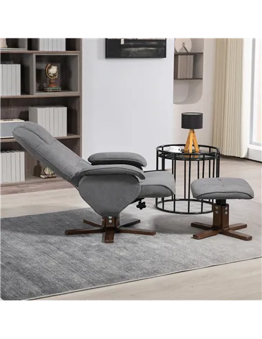 HOMCOM Linen Swivel Recliner Chair with Footstool, Upholstered Reclining Armchair with Wooden Base for Living Room, Grey