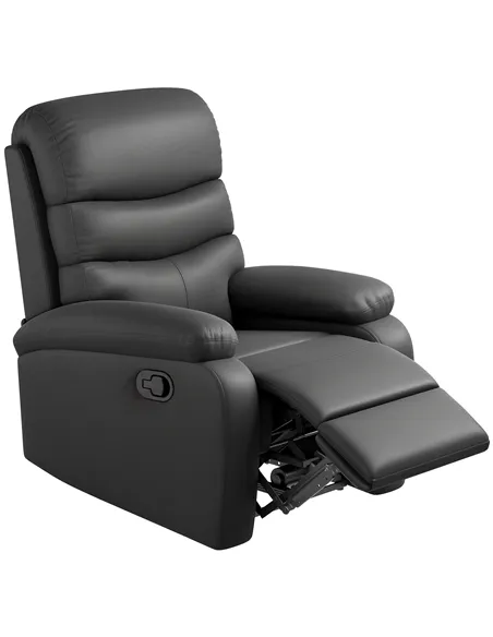 HOMCOM PU Leather Reclining Chair, Manual Recliner Chair with Padded Armrests, Retractable Footrest and Wood Frame, Black
