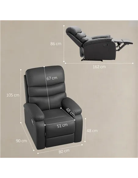 HOMCOM PU Leather Reclining Chair, Manual Recliner Chair with Padded Armrests, Retractable Footrest and Wood Frame, Black