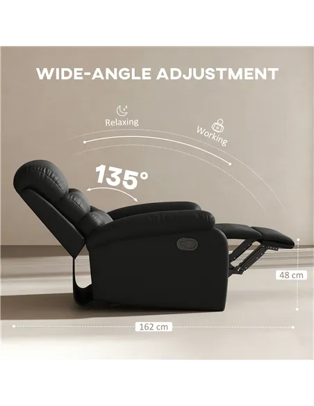HOMCOM PU Leather Reclining Chair, Manual Recliner Chair with Padded Armrests, Retractable Footrest and Wood Frame, Black