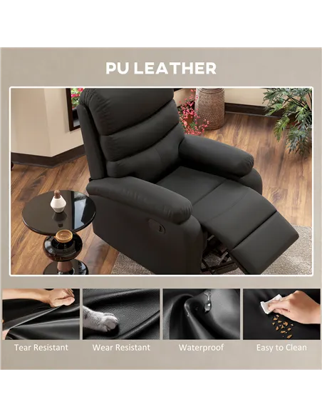 HOMCOM PU Leather Reclining Chair, Manual Recliner Chair with Padded Armrests, Retractable Footrest and Wood Frame, Black