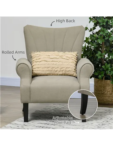 HOMCOM Upholstered Accent Chair with Rolled Arms and Wood Legs, Armchair for Living Room Bedroom, Beige