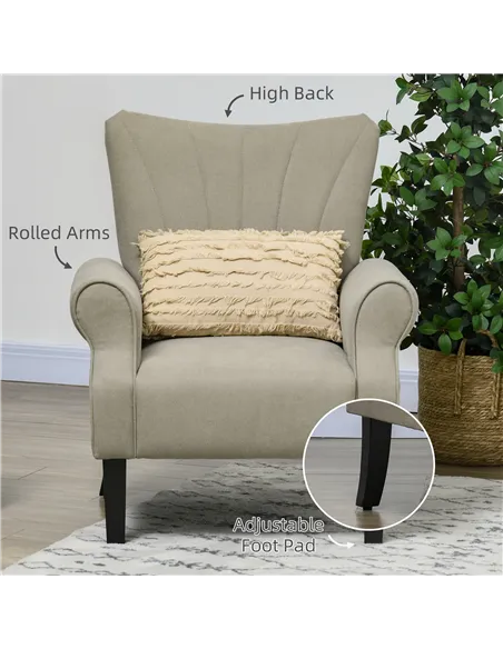 HOMCOM Upholstered Accent Chair with Rolled Arms and Wood Legs, Armchair for Living Room Bedroom, Beige