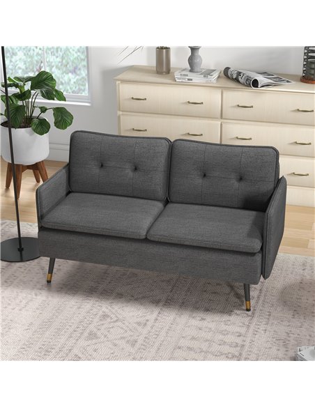 HOMCOM Modern Two Seater Sofa, Button Tufted Loveseat with Cushions and Steel Legs for Living Room, Guest Room, Dark Grey