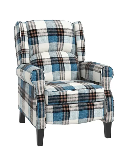 HOMCOM Wingback Reclining Chair Push Back Recliner Armchair for Living Room Bedroom with Footrest Armrests Wood Legs Blue