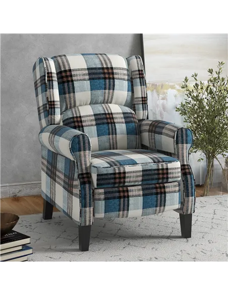 HOMCOM Wingback Reclining Chair Push Back Recliner Armchair for Living Room Bedroom with Footrest Armrests Wood Legs Blue