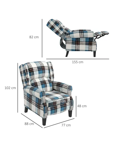 HOMCOM Wingback Reclining Chair Push Back Recliner Armchair for Living Room Bedroom with Footrest Armrests Wood Legs Blue