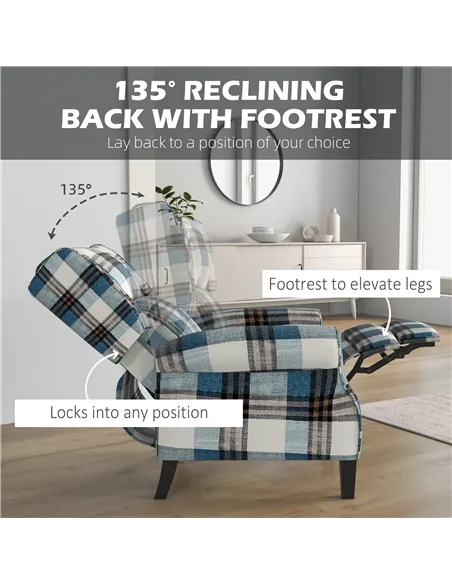 HOMCOM Wingback Reclining Chair Push Back Recliner Armchair for Living Room Bedroom with Footrest Armrests Wood Legs Blue