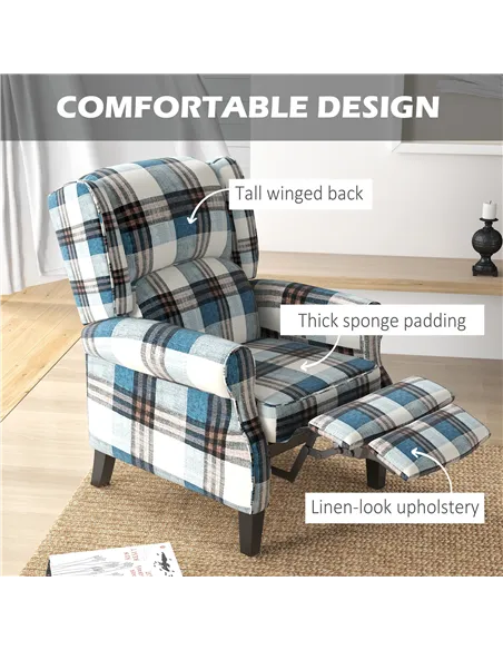 HOMCOM Wingback Reclining Chair Push Back Recliner Armchair for Living Room Bedroom with Footrest Armrests Wood Legs Blue