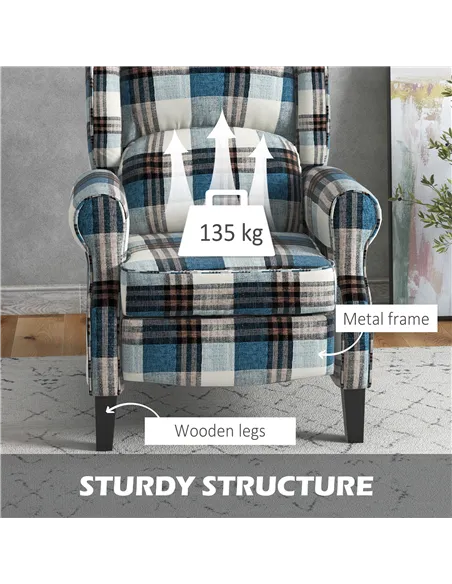 HOMCOM Wingback Reclining Chair Push Back Recliner Armchair for Living Room Bedroom with Footrest Armrests Wood Legs Blue