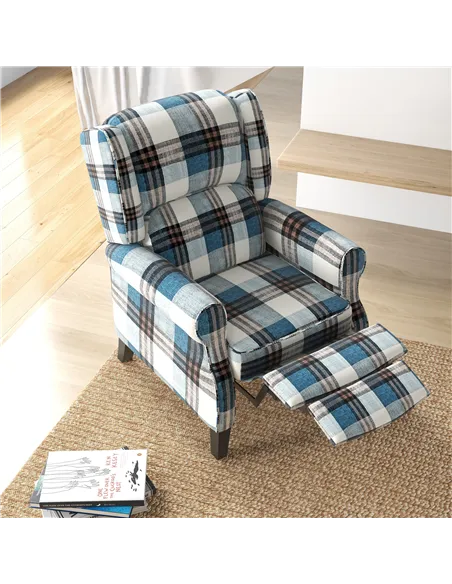 HOMCOM Wingback Reclining Chair Push Back Recliner Armchair for Living Room Bedroom with Footrest Armrests Wood Legs Blue
