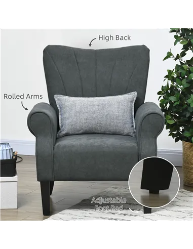 HOMCOM Upholstered Accent Chair with Rolled Arms and Wood Legs, Armchair for Living Room Bedroom, Grey